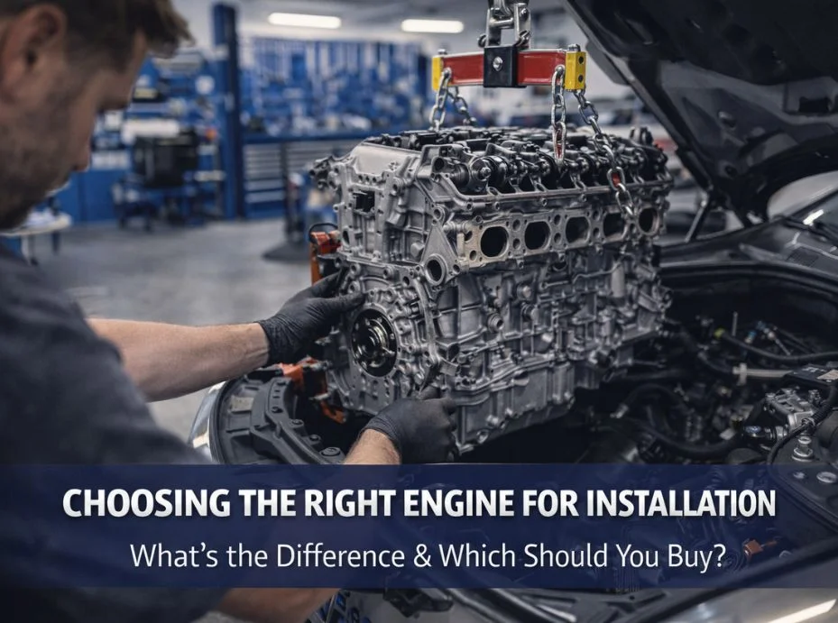 mechanic installing long block engine into vehicle using hoist