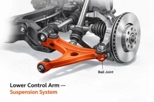 Diagram of a lower control arm connected to vehicle suspension and wheel hub