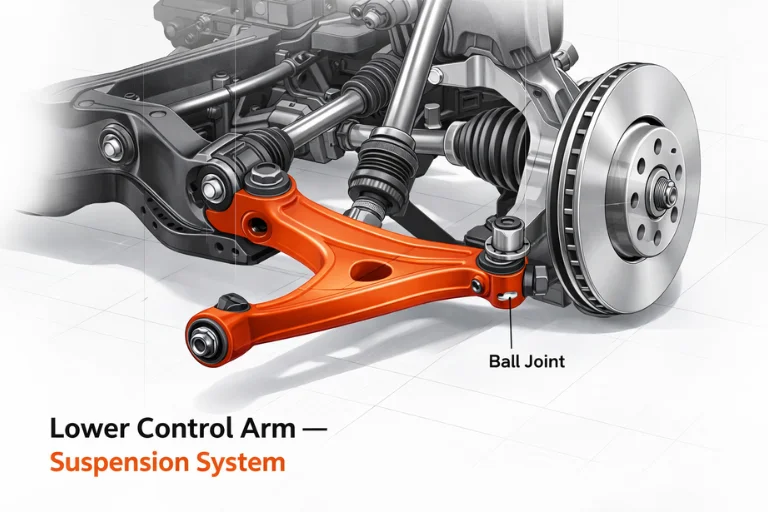 Diagram of a lower control arm connected to vehicle suspension and wheel hub