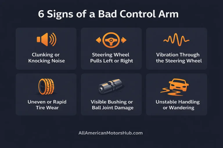 Infographic showing 6 bad control arm symptoms including clunking noise, uneven tire wear, and steering pull