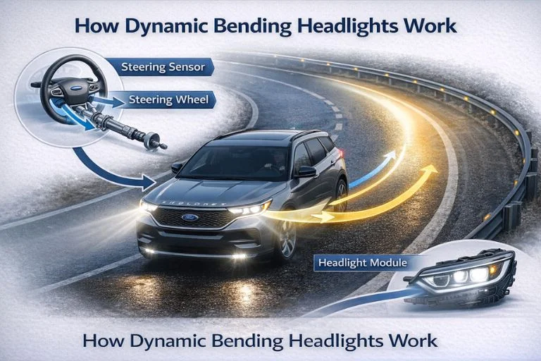 diagram showing adaptive bending headlight system turning with steering input