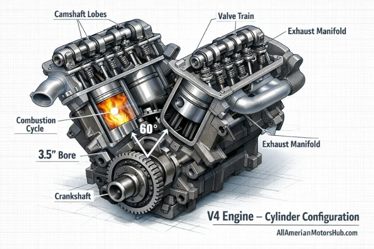 utaway diagram of a V4 engine showing four cylinders arranged in a V-shape configuration