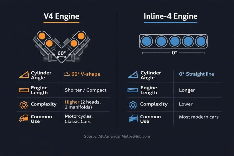 Side-by-side infographic comparing V4 engine vs inline-4 engine layout, size, and common uses