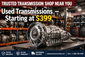 Used transmission units on a workbench at a transmission shop near me — All American Motors Hub