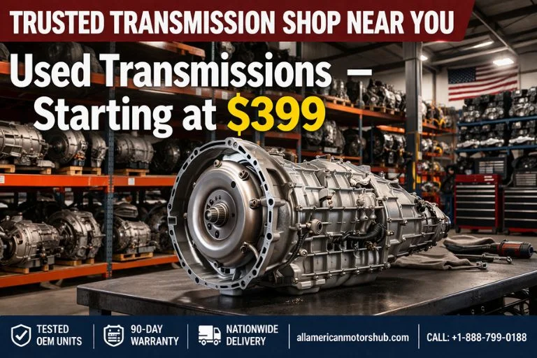 Transmission Shop Near Me: Find Quality Used Transmissions at Unbeatable Prices Used transmission units on a workbench at a transmission shop near me — All American Motors Hub